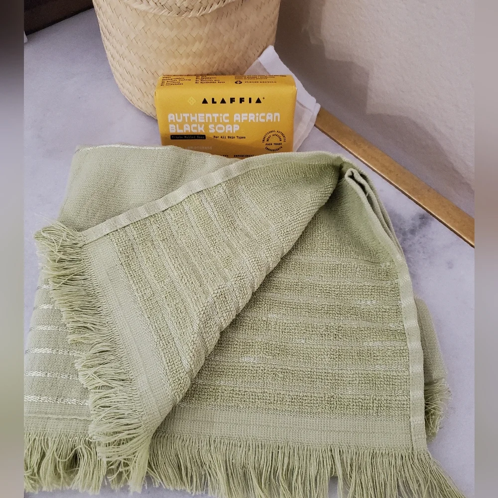 Authentic African Black Soap with Green Towel Woven Straw Basket Fair Trade